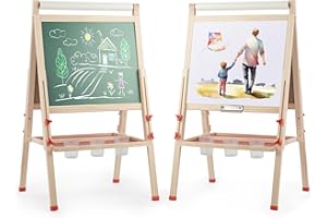 Rengue All-in-One Art Easel for Kids with Paper Roll, Adjustable Double Side Art Drawing Standing Chalkboard for Toddlers 3-12, Boy & Girls Gift & Art Supplies for Toddler