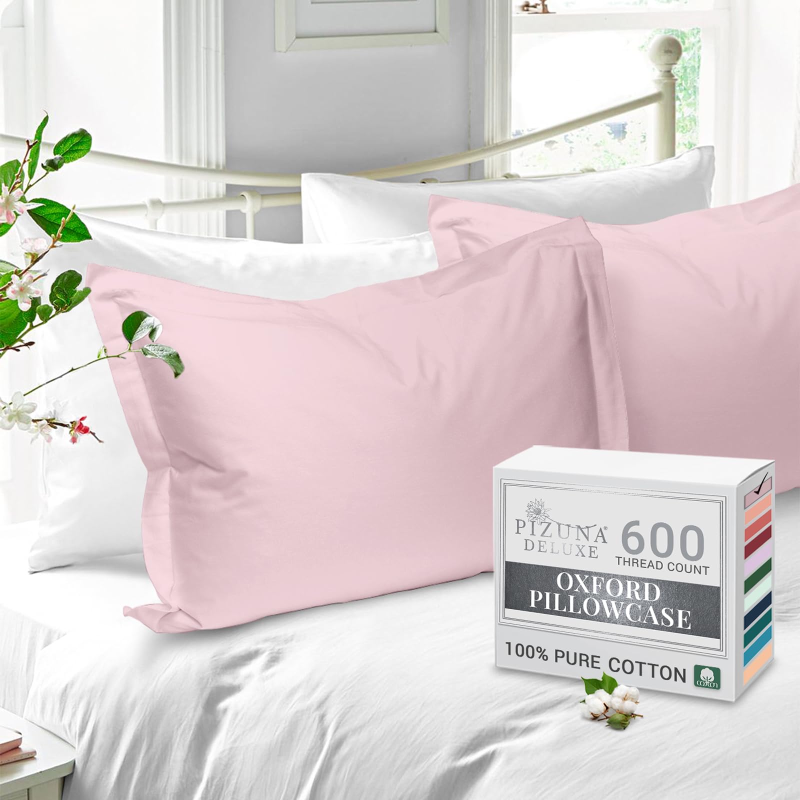 Pizuna Pure Cotton King Size Oxford Pillowcases 2 Pack Light Pink 50x90cm, 600 Thread Count Long Staple Combed Cotton Crispy Soft Pillow Cover, Soft Sateen King Pillow Cases — image 1