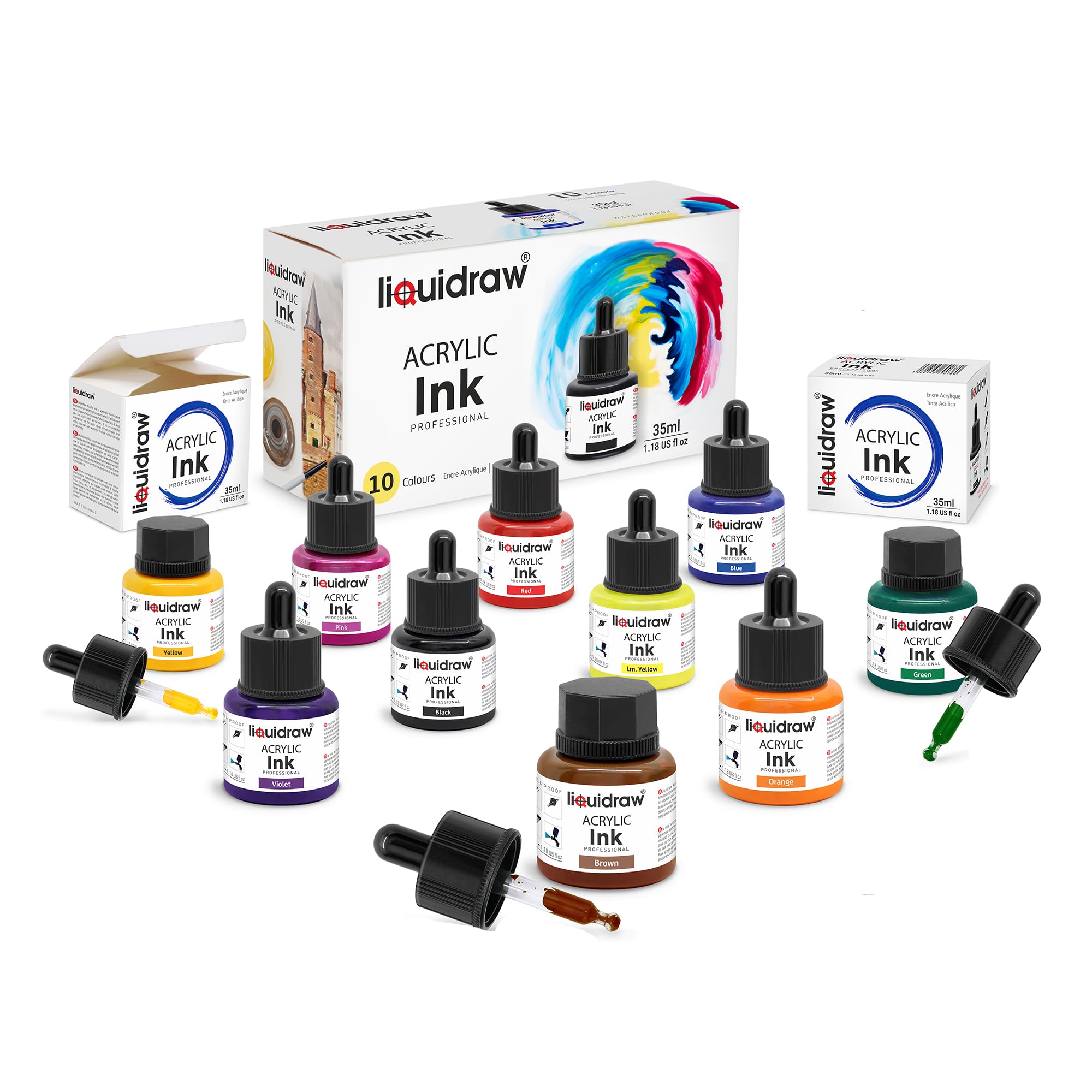 Liquidraw Acrylic Drawing Ink - 10 Assorted Colours | 35 ml Bottles with Ink Dropper | Suitable for Painting, Art Drawing & Design | for Professionals, Artists, Students & Hobbyists | Waterproof