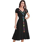 Mexican Dress for Women Floral Embroidered Dress Short Sleeve V Neck Traditional Ethnic Cinco De Mayo Fiesta Dress