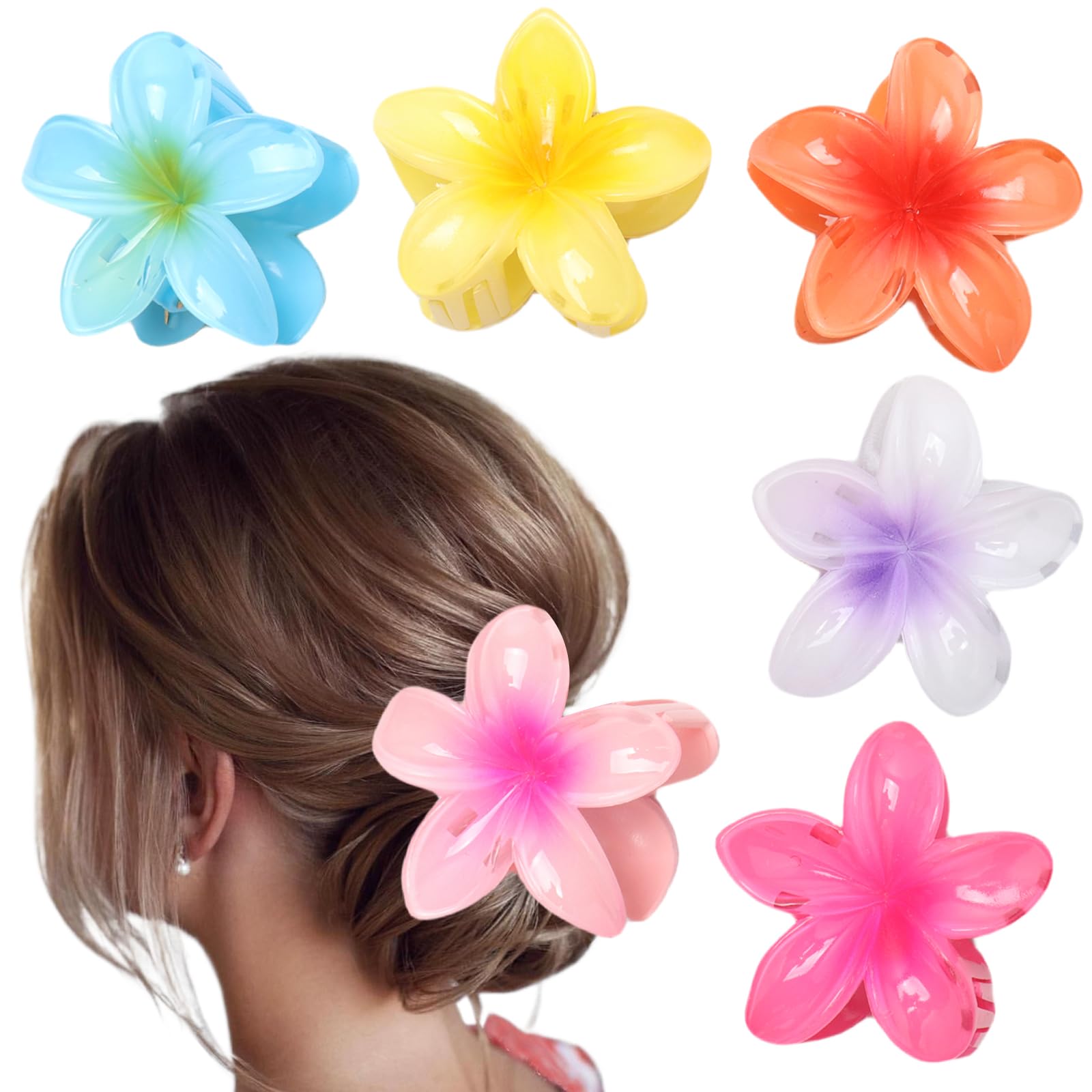 6PCS Nonslip Flower Claw Clips - Strong Hold Hair Accessories for Girls & Women, Large Hawaiian Hair Clips for Medium Thick Hair, Straight or Curly (Plumeria color)
