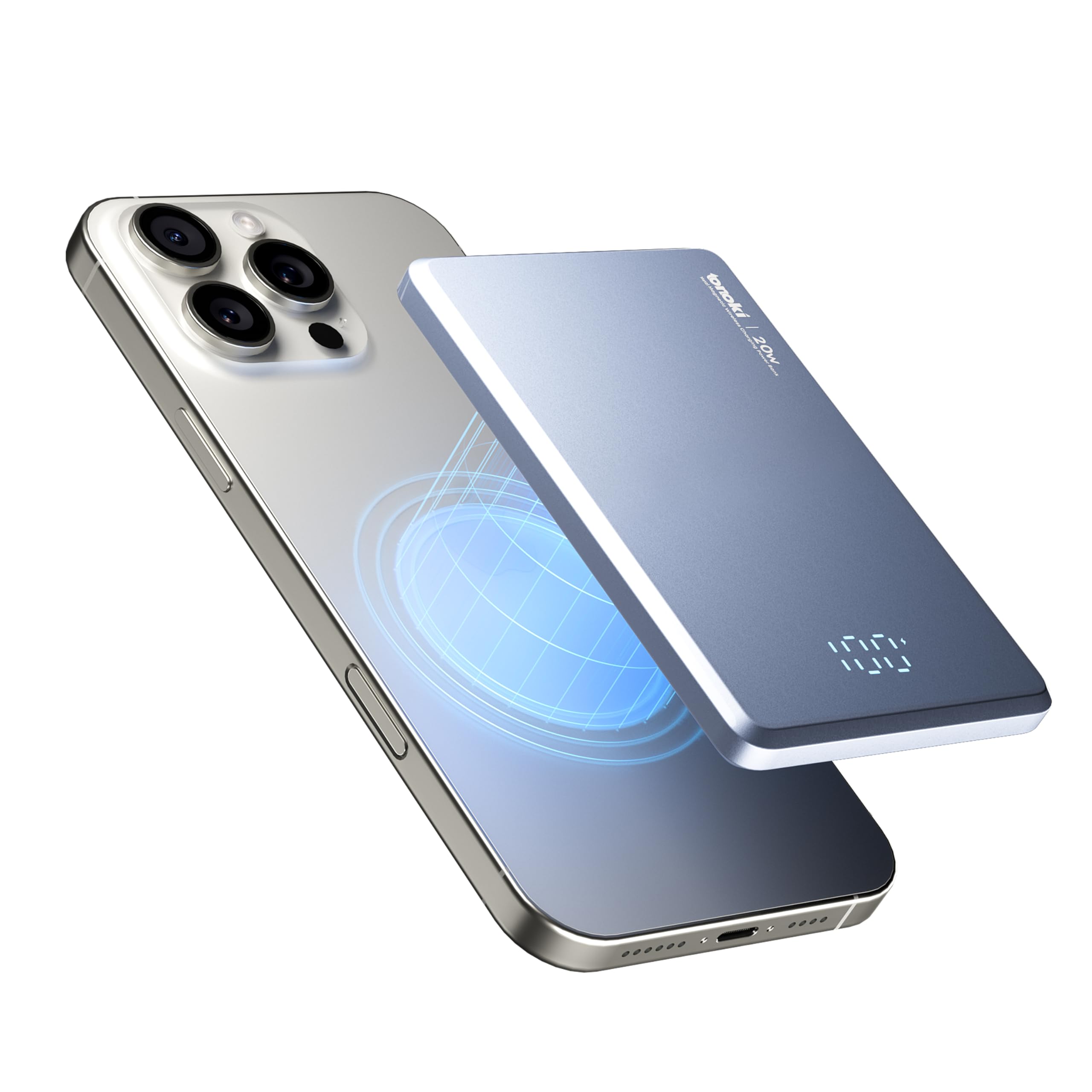 TONOKI Ultra-Slim Magnetic Power Bank, Aluminum Wireless Portable Charger, Fast Charging USB-C Battery Pack for iPhone 15/14/13/12 & MagSafe, Android Wireless Charging Devices (Blue, 5000)