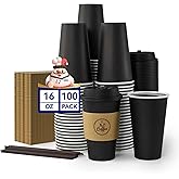 JOLLY CHEF 16 oz Coffee Cups-100 Pack, Disposable Black Hot Paper Cups with Lids, Sleeves and Stirrers for all Kinds of Beverages