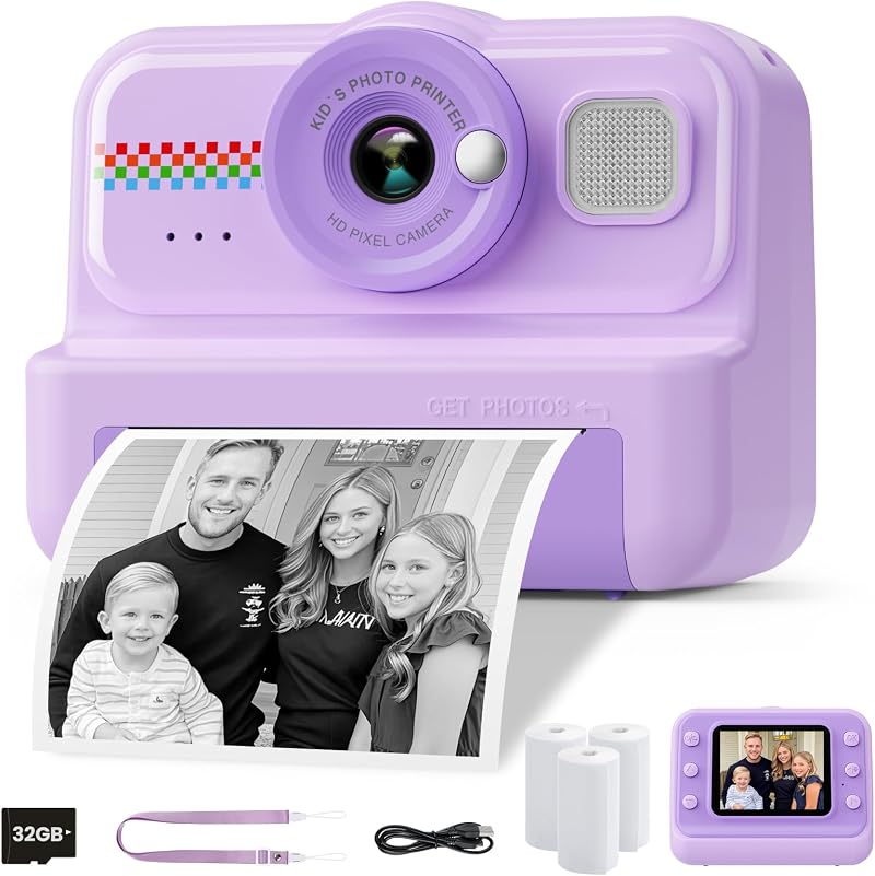 HiMont Kids Camera Instant Print 1080P 32GB 3 Rolls Paper Purple