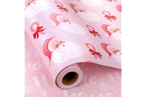 Yarcony Girly Christmas Gift Wrapping paper, Pink Santa Clause Bows Wrapping Paper, Reversible Light Pink Santa, Bow, and HOHO Pattern Christmas Gift Wrap for Holiday (Mini Roll, 17 Inch X 33 Feet)