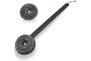 ESIE HOUZIE 18" Long Handle Grill Brush with Replaceable Head - Safe Bristle Free Stainless Steel BBQ Cleaner with Heavy Duty Scrubber Pad, Grill Accessories Steel Wool Scrubbers for Porcelain Gas Charcoal Grill