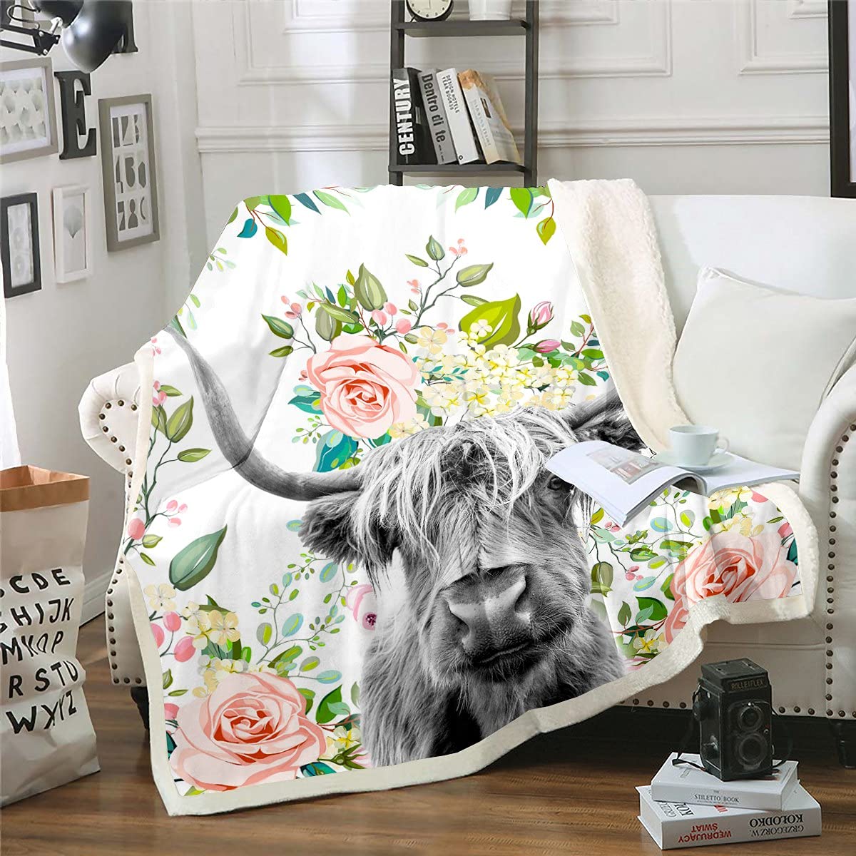 Loussiesd Highland Cow Fleece Throw - Rose Floral Plush Blanket for Bed & Sofa - Girls, Western Wildlife Animal, Farmhouse Decor - Double 60x79 Inch — image 1