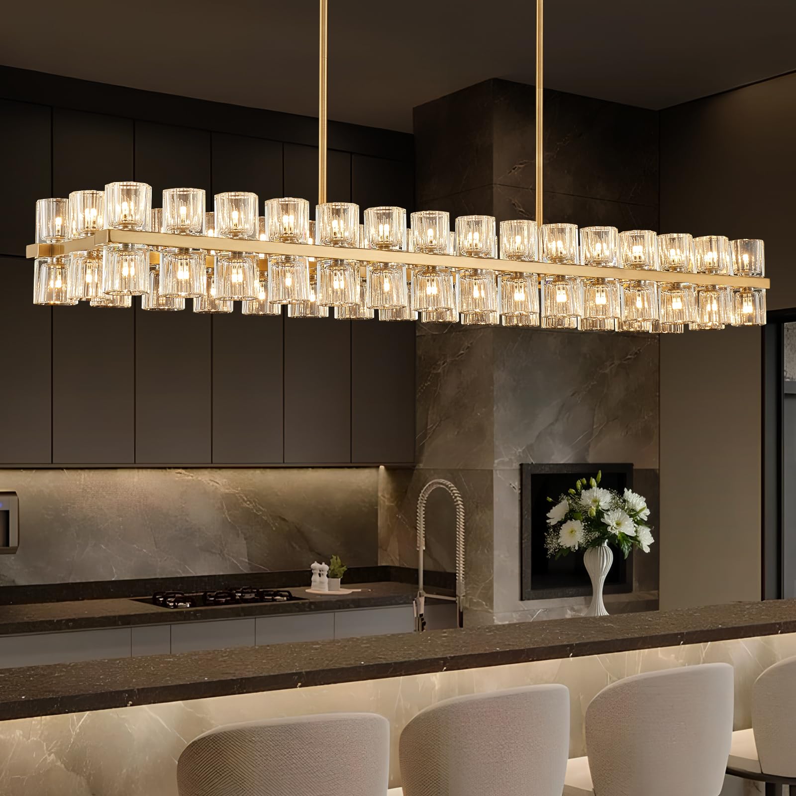 Photo 1 of SHEKAITAO Crystal Gold Rectangular Chandelier for Dining Room, 54 in Light Fixture Dining Room Chandeliers Over Table, Modern Crystal Chandeliers Pendant Light for Kitchen Island, Living Room