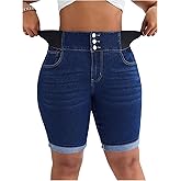 GORGLITTER Women's Plus Size Jean Shorts Stretchy High Waist Roll Hem Denim Bermuda Shorts Bottoms Dressy Casual
