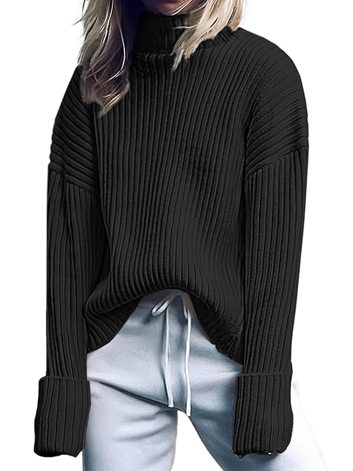ANRABESS Womens Turtleneck Sweater 2025 Long Sleeve Ribbed Chunky Knit Fall Pullover Sweater Top Black Small
