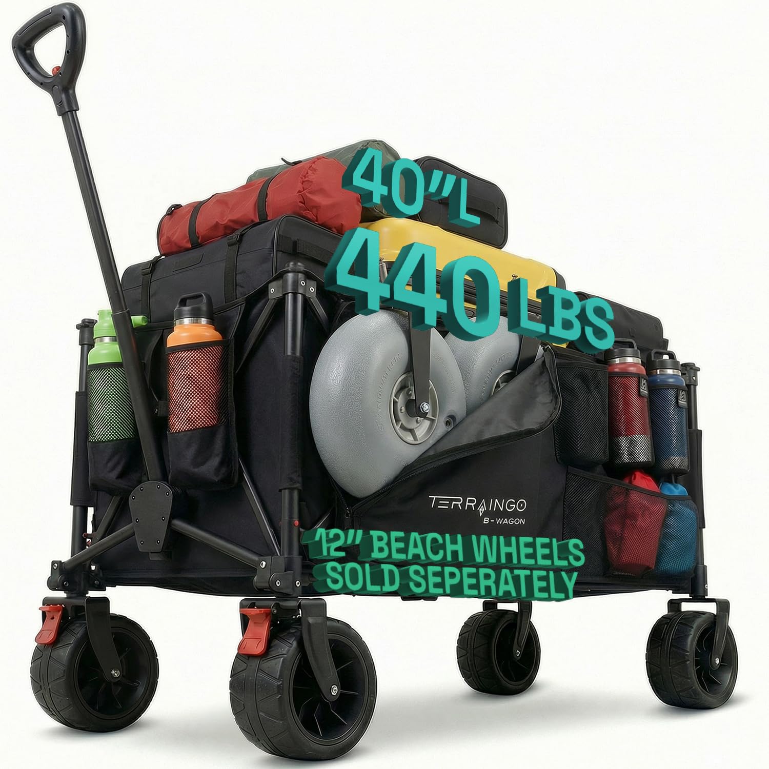 Photo 1 of TerrainGO Collapsible Wagon Cart with Interchangeable All Terrain Wheels Patent Pending Foldable Beach Wagon Utility Cart - Camping Essentials with Storage Pockets, and Cup Holders, Max Load 440lbs