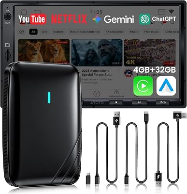 Adaptador CarPlay sem fios Android Auto, Vídeo AI Box CarPlay 3 em 1 para cabo OEM CP/AA, 4G+32G, Hub Dual WiFi e Bluetooth IoT, para Netflix/Youtube/TikTok, DriveChat AI Voice, CB4B