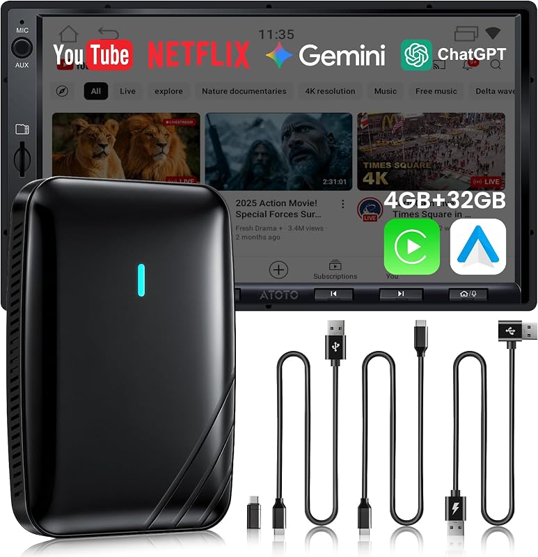 Adaptador CarPlay Inalámbrico Android Auto, AI Box CarPlay Video 3 en 1 para Cable OEM CP/AA, 4G+32G, Doble WiFi y Concentrador Bluetooth IoT, para Netflix/Youtube/TikTok, DriveChat AI Voice, CB4B