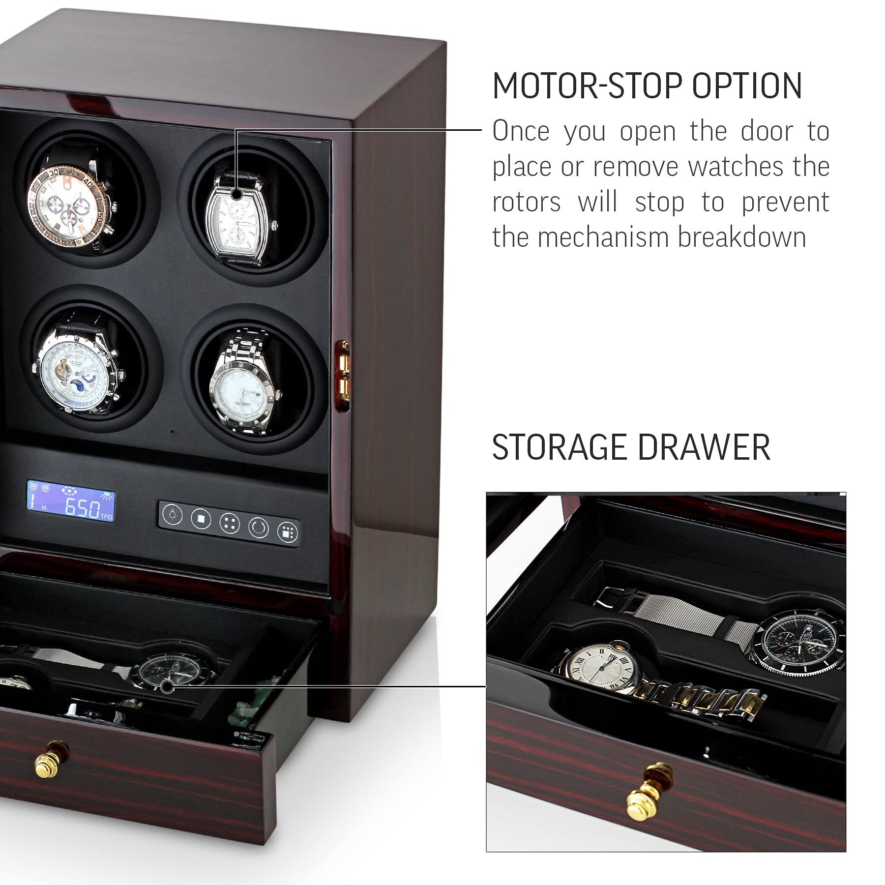 4 Watch Winder with LED Backlight, 2 Watches and Jewelry Storage Drawer, LCD Display and Remote Control