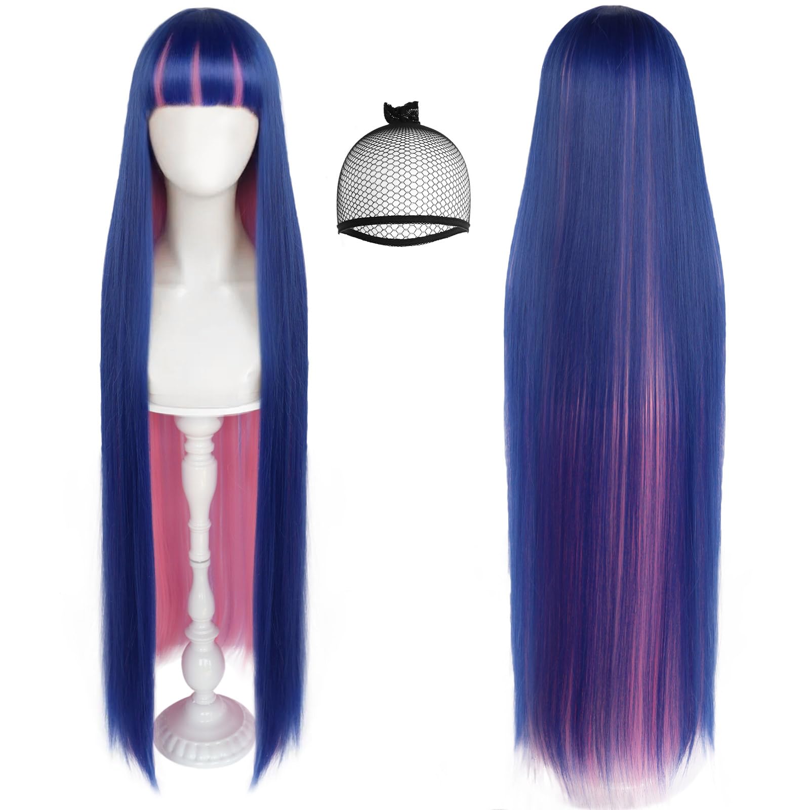Photo 1 of BESTBEL+Hair Cap Stocking Wig Long Blue Pink Mixed Wig with Bangs for Women Long Straight Synthetic Anime Hair for Halloween Cosplay Womens Cosplay Outfit for Costume Party