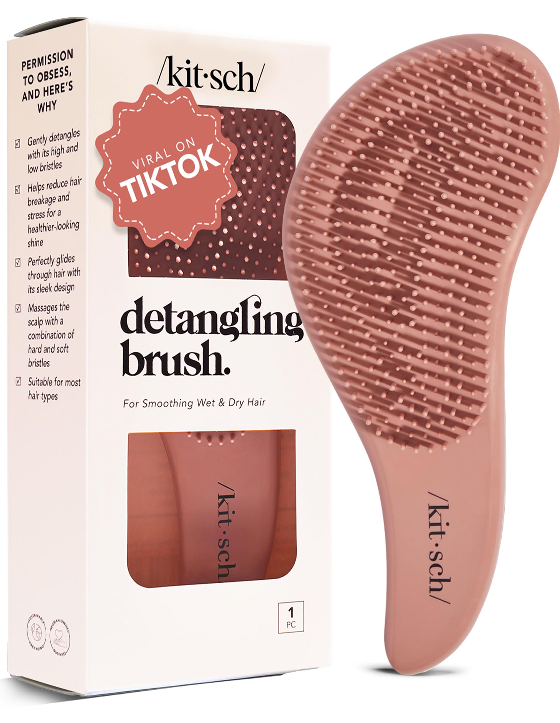 Kitsch Detangle Hair Brush – Gentle Curly Hair Brush with Flexible Bristles for All Hair Types - Wet or Dry | Detangling Hairbrush for Women & Men, Adults & Kids - Terracotta