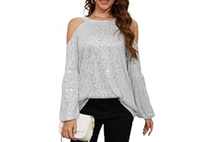 HWSFYES Sequin Tops for Women Sequin Halter Tops Balloon Long Sleeve Sparkly Glitter Shirts Sequin Blouse for Party Disco