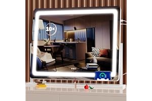 Gvnkvn Makeup Vanity Mirror with Lights - 22WX18L Large LED Lighted Mirror with 10X Magnification and USB Charging Port, Phone Holder, Smart Touch 3 Colors Dimmable, 360° Rotation, White,