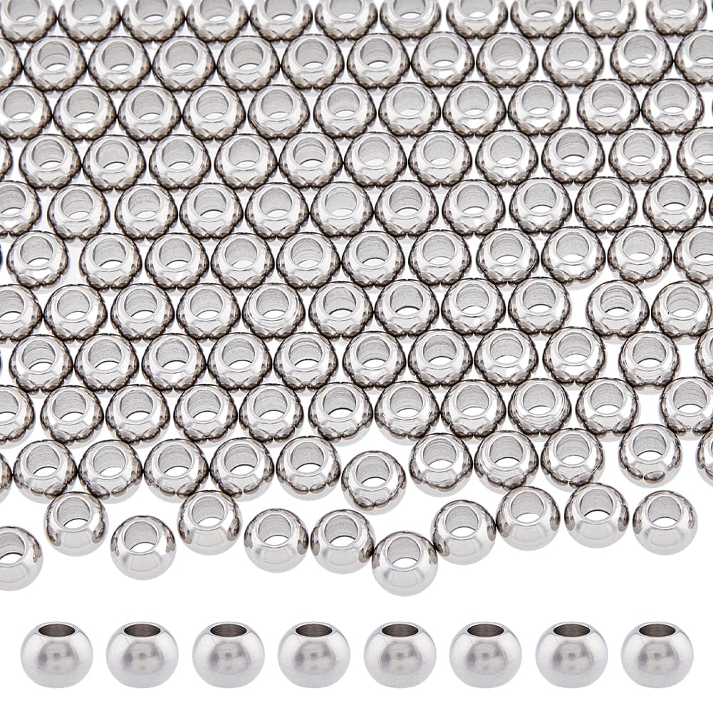 DICOSMETIC 200Pcs Round Spacer Beads 6mm Ball Beads Stainless Steel Rondelle Beads Smooth Seamless Beads Large Hole European Beads Loose Beads for Jewelry Making DIY Craft, Hole: 2mm