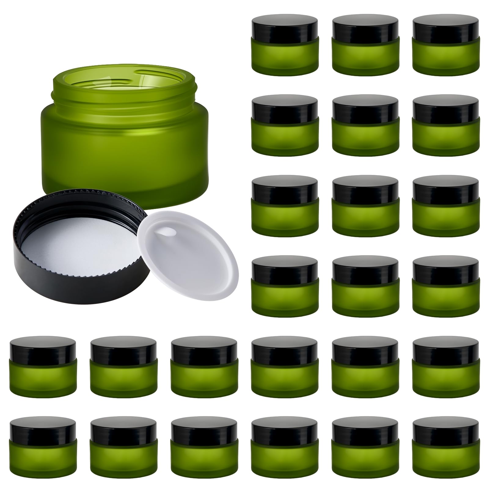 Photo 1 of 1oz Glass Jar with Lid, Hoa Kinh 25Pack Green Frosted Round Containers Cosmetic with Inner Liners and Black Lids Travel Jars for Storing Lip and Body Scrub, Lotion, Body Butter, Bath Salts, Liquid