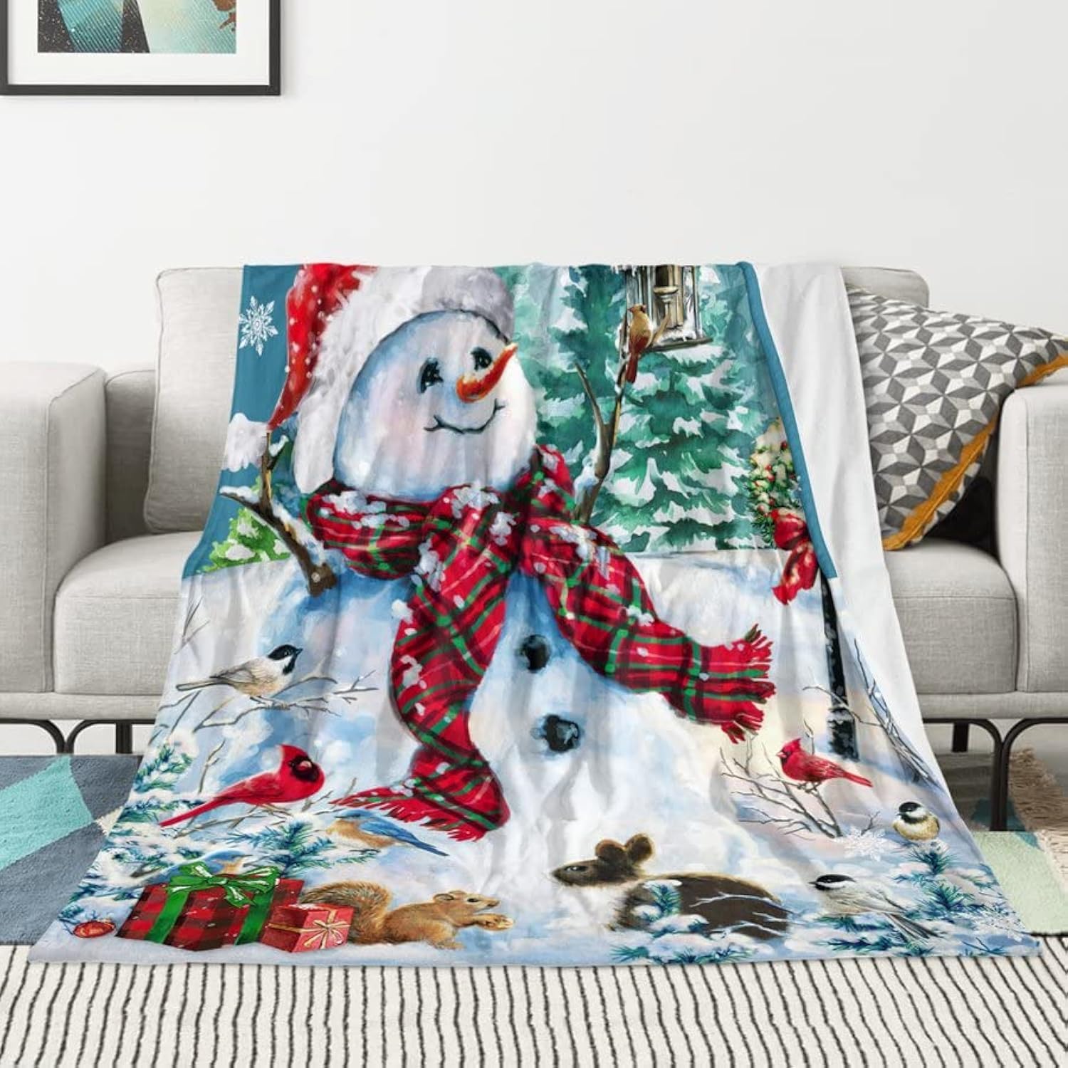 JOOCAR Christmas Throw Blanket Holiday Christmas Eve Snowman and Animals Fannel Blanket Winter Nature Soft Plush Warm Throw Blanket for Bed Couch Living Room Sofa Chair(60" x 80") — image 1