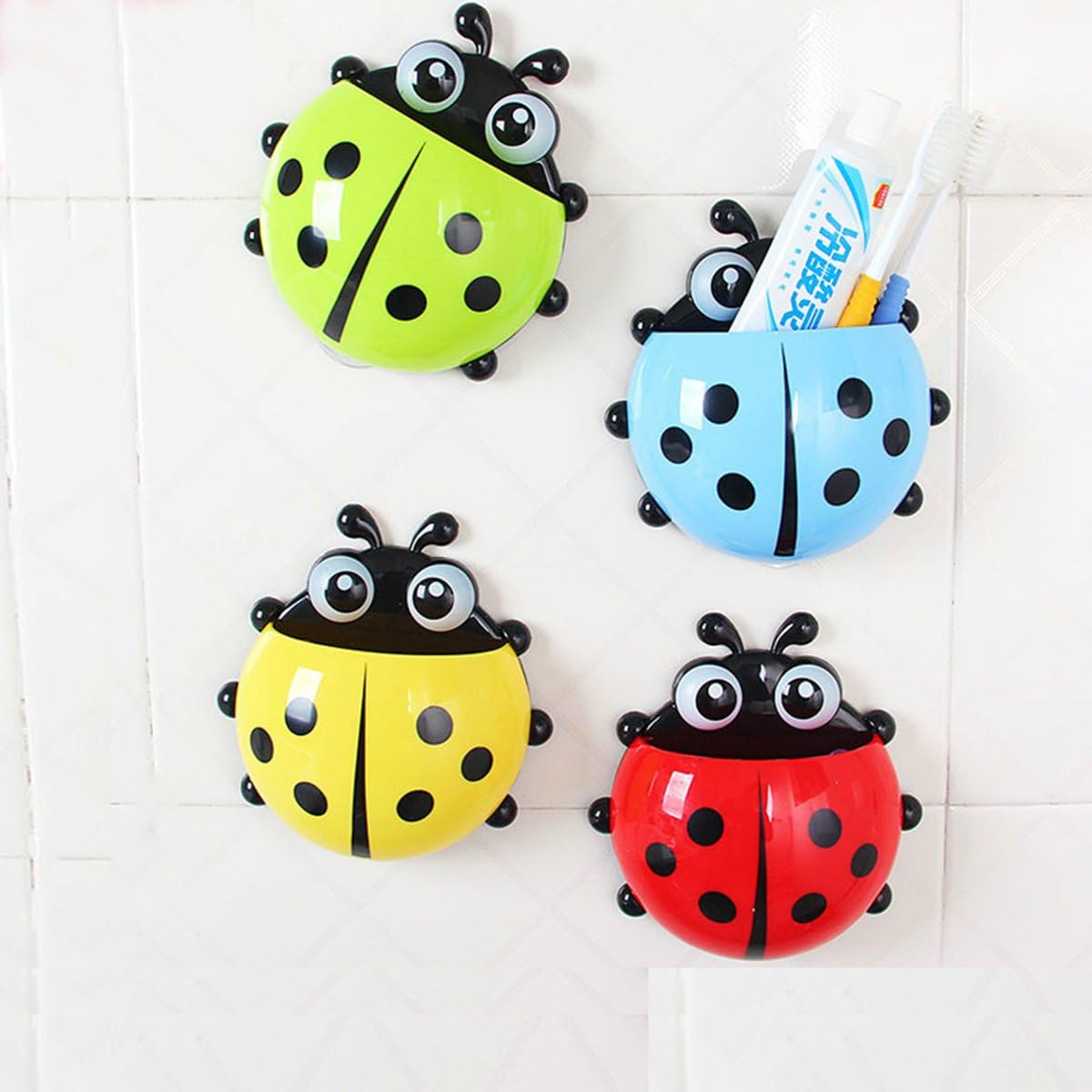 Makidar 4 Pieces Cute Cartoon Ladybug Toothbrush Holder Container Box Organizer Pocket Kids Bathroom
