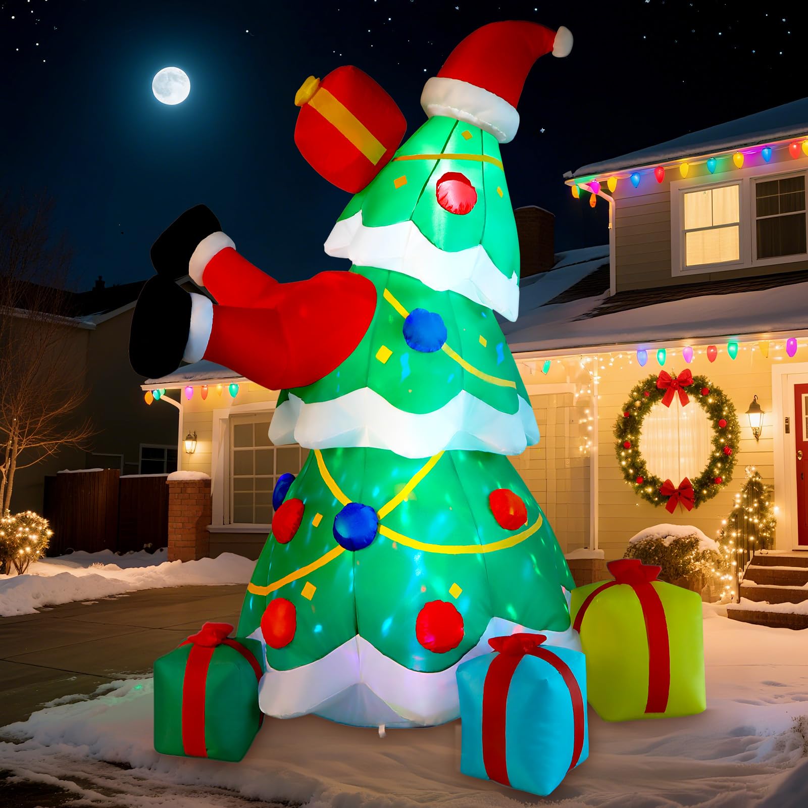 Photo 1 of Alupssuc 10FT Inflatable Christmas Tree Decorations Outdoor with Built-in LEDs Lights, Blow Up Santa Claus Tree with 4 Gift Boxes Outside/Indoor Xmas for Yard, Garden, Lawn, Party, Holiday Decor