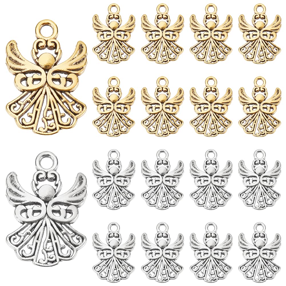 PH PandaHall 80pcs Angel Charm Guardian Angel Pendants Tibetan Style Spacer Beads for Bracelet Necklace Jewellery DIY Craft Making Gife Decor, Antique Golden/Antique Silver