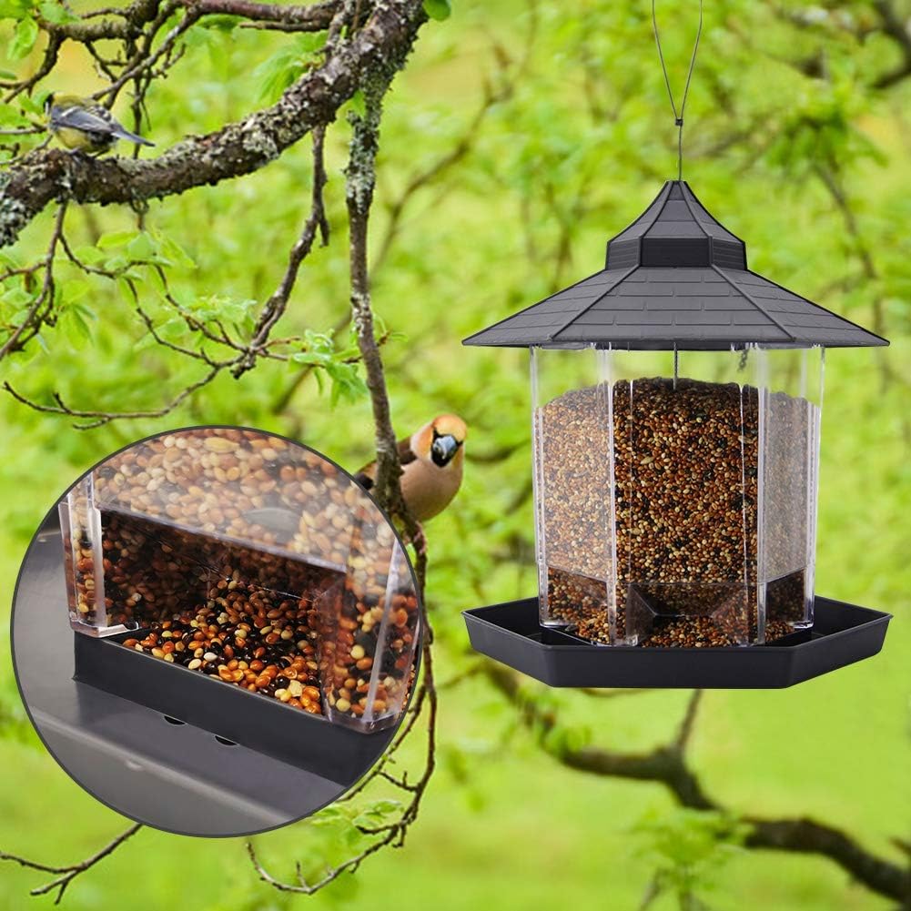 SAND MINE Panorama Bird Feeder, Hexagon Shaped with Roof Hanging Bird Feeder for Garden Yard Decoration (Grey) : Garden & Outdoor