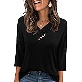 Sampeel Women's V Neck 3/4 Length Sleeve Button Down Shirt