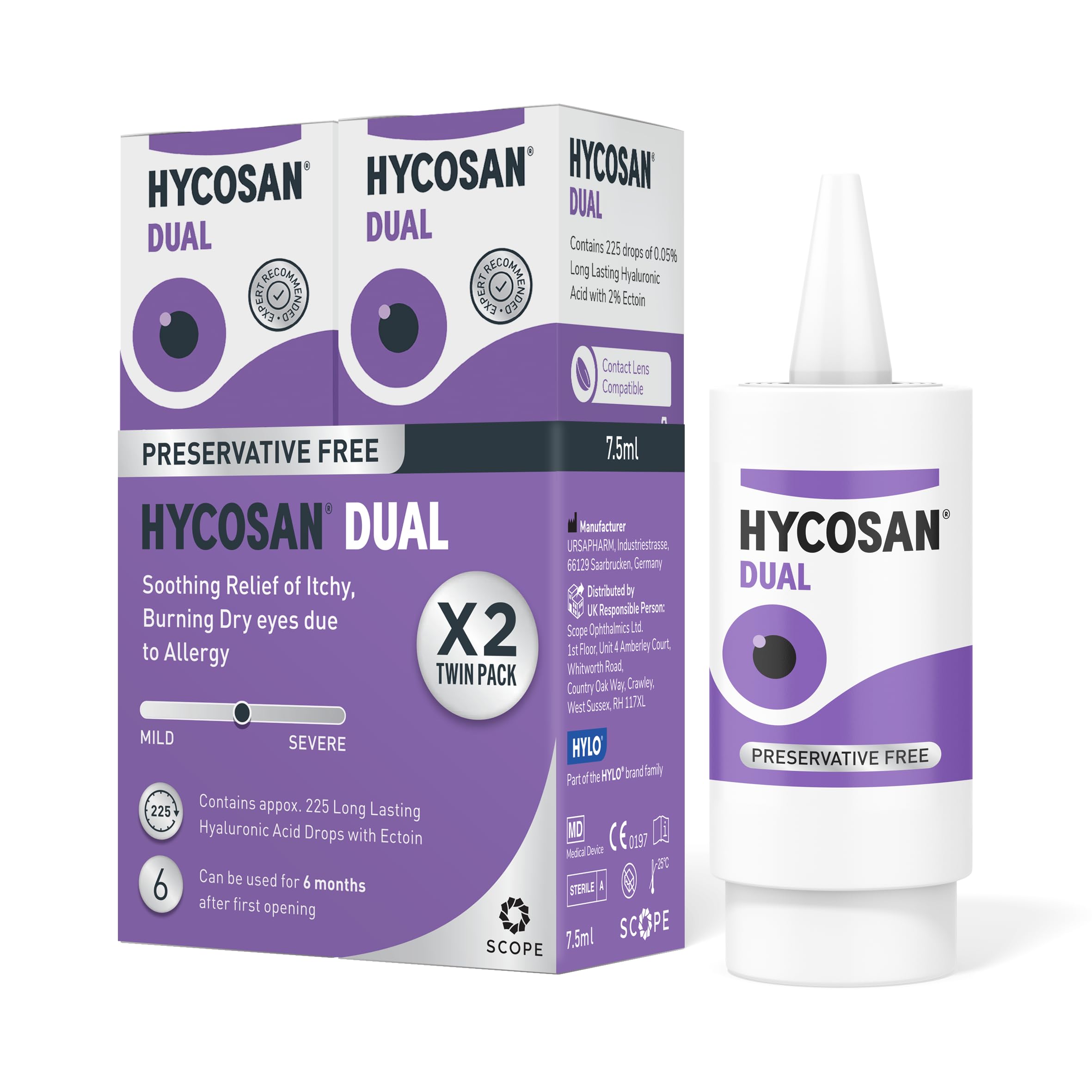 Hycosan Dual Twin Pack - Double Action Eye Drops with Hyaluronic Acid and Ectoin for Soothing Relief of Itchy, Burning or Dry Eyes Due to Allergens - Preservative Free - 2x225 Measured Doses