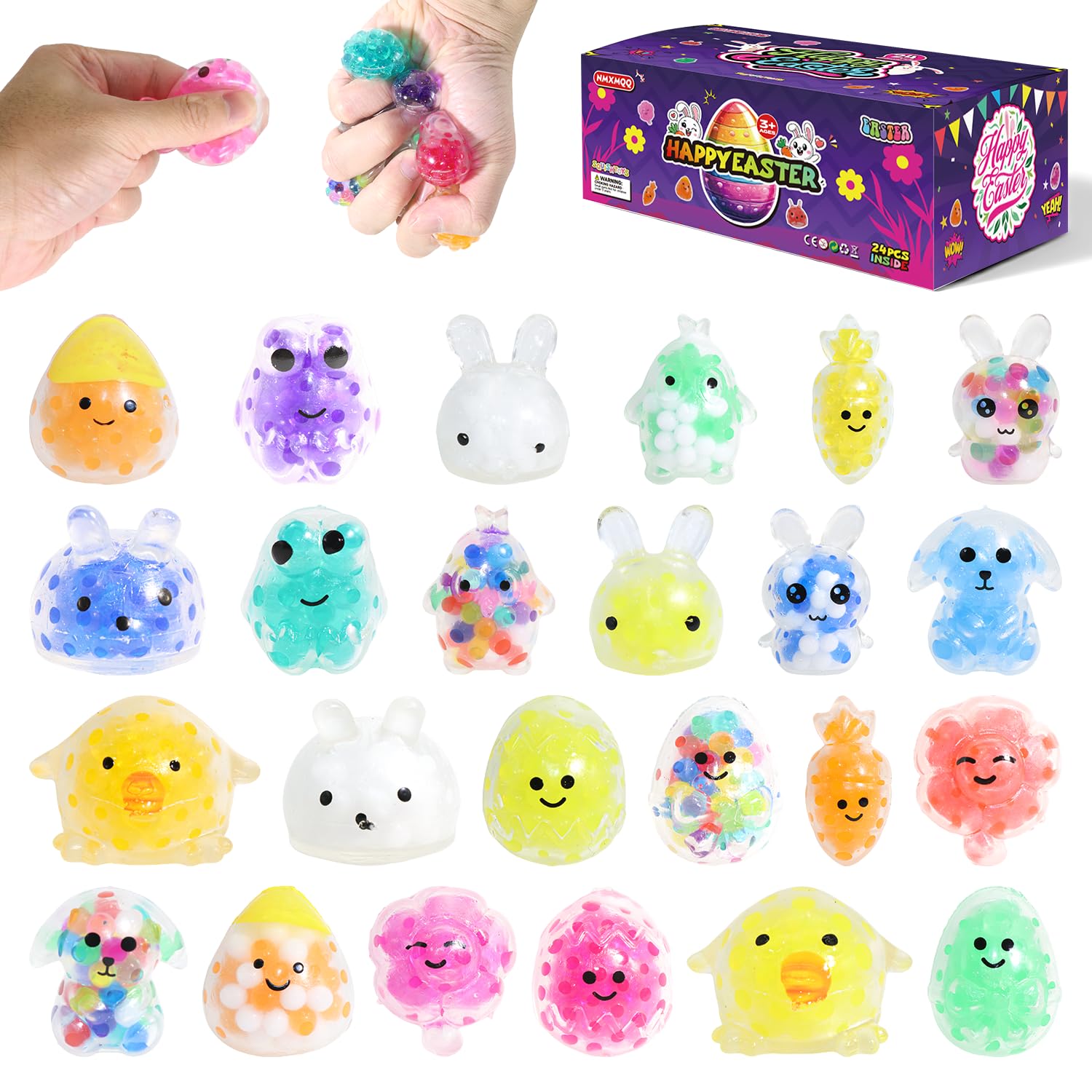 24 Pack Easter Bunny Mini Squeeze Balls with Variety Easter Stress Balls Great for Easter Basket Stuffers and Party Favors Easter Egg Fillers(Colorful-tuzhi)
