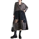 Women's Shirt Dress Long Sleeve Buttoned Tulle See Through Solid Patchwork Loose GZ304