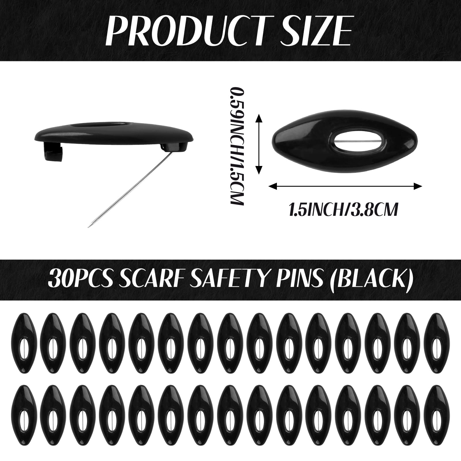 Black Scarf Safety Pins, Plastic Cover Pins Oval Safety Pin For Safety Locking Clothes Brooch Pins Scarf Clips Set of 30 Hanycon