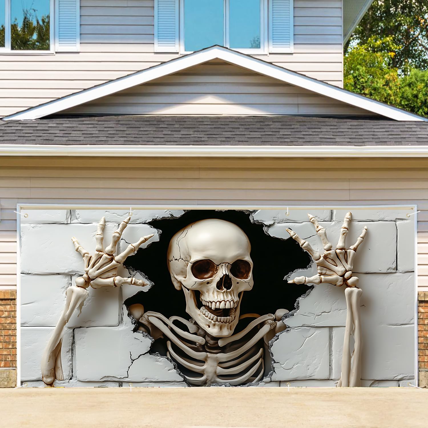Photo 1 of 6 x 13 ft Halloween Garage Door Decorations Halloween decorations Witch Door Cover, Hanging Banner, Cauldron Backdrop Mural for Home, Outdoor, Indoor, Spooky Party, Wall, Window (Skull-2)