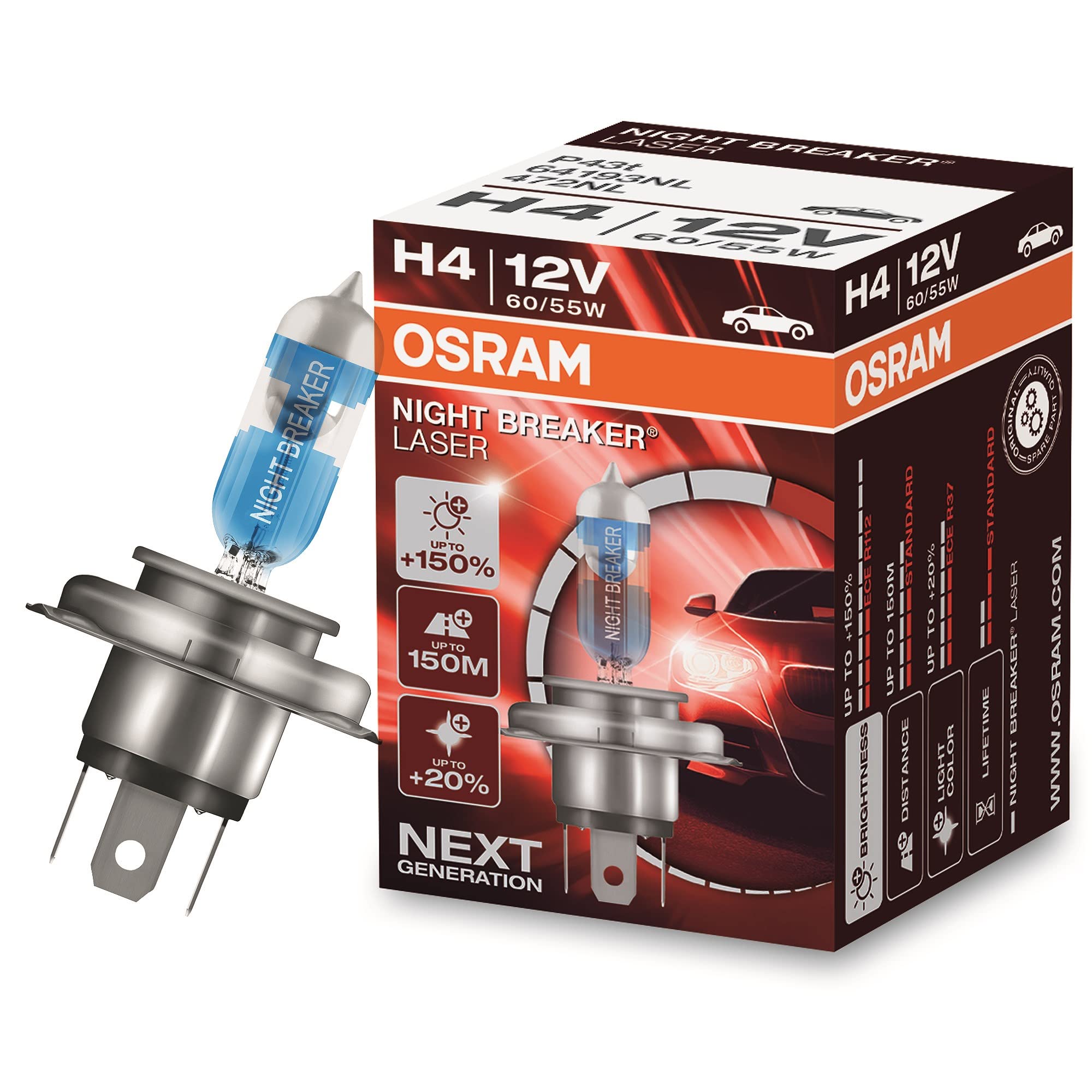 OSRAM Night Breaker Laser H4, Next Generation, plus 150 percent More Brightness, Halogen Headlamp, 64193NL, 12 V, Passenger Car, Carton Folding Box (1 Lamp)