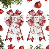 Hying 2 Pieces Christmas Bows for Wreath, Christmas Wreath Bow Glitter Red White Burlap Bows Xmas Snowflake Craft Bows Ornaments for Front Door New Year Christmas Party Decoration Supplies