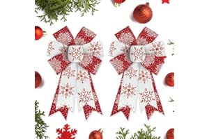 Hying 2 Pieces Christmas Bows for Wreath, Christmas Wreath Bow Glitter Red White Burlap Bows Xmas Snowflake Craft Bows Ornaments for Front Door New Year Christmas Party Decoration Supplies