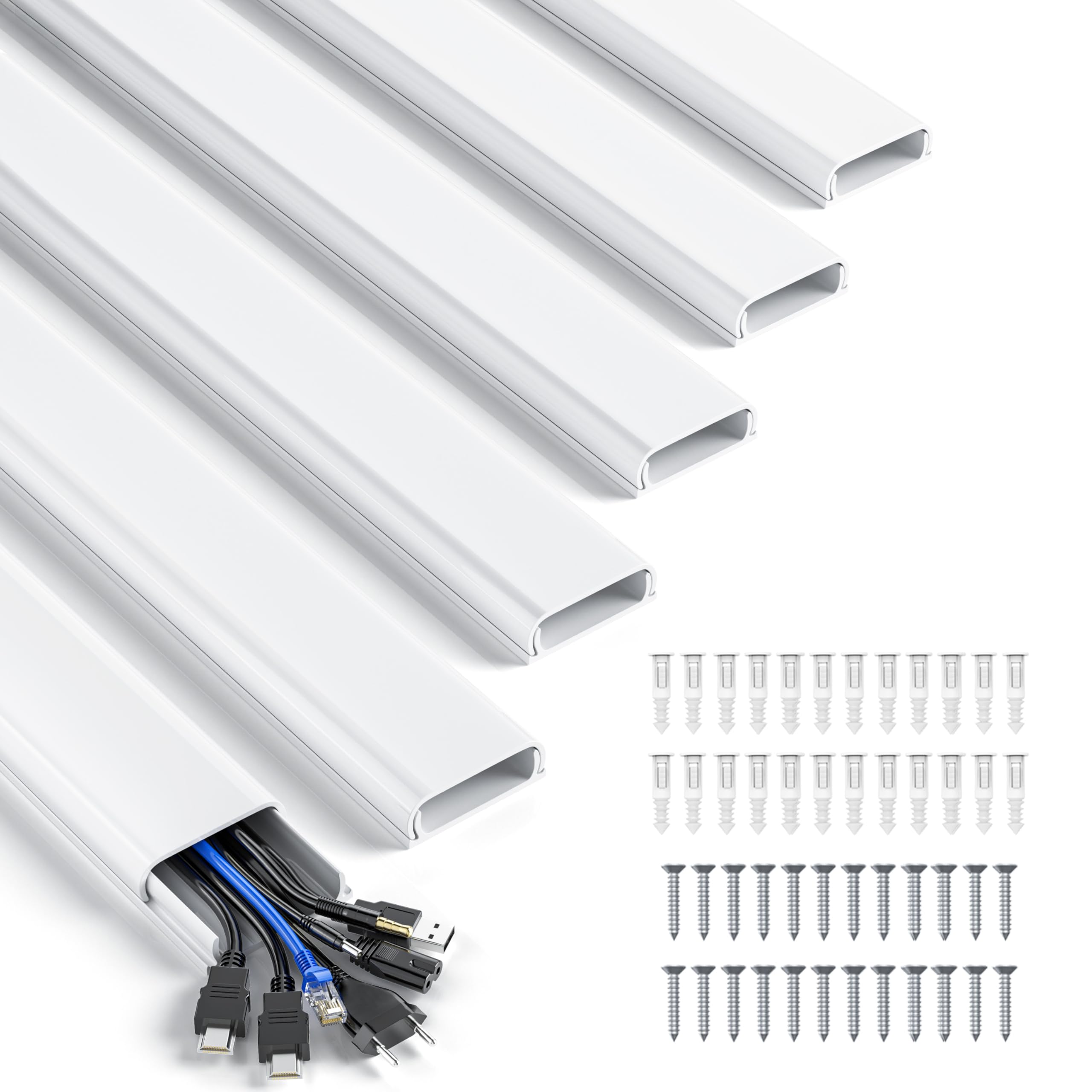 MUDEELA Cable Trunking, 2.4M XX-Large TV Cable Hider, Pre-drilled Wire Hiders for Wall, Paintable White Cable Cover, 6X15.75in(L) x2.36in(W) x0.75in(H)