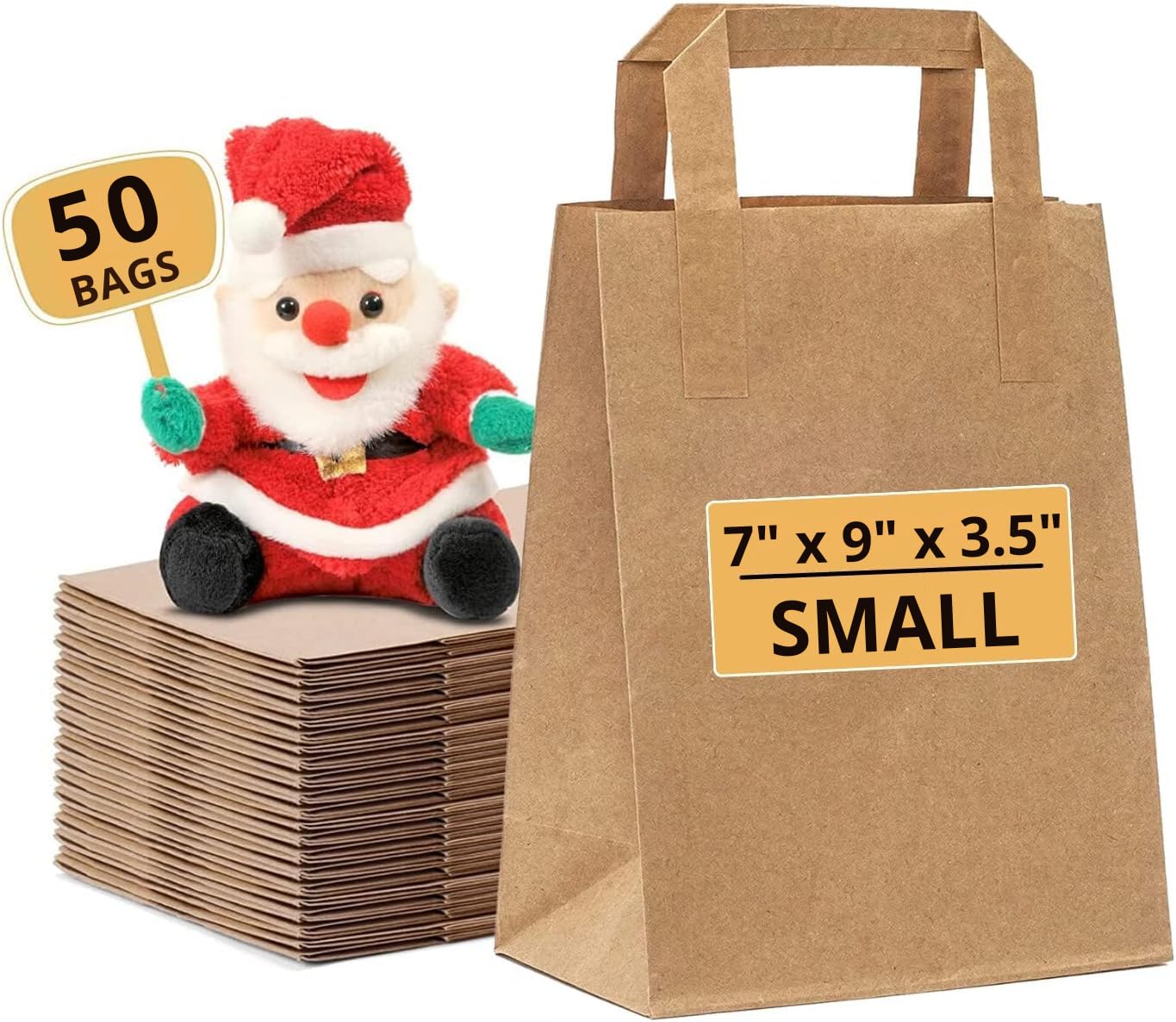 Paper Bags with Handles - 50 Small Brown Paper Bags (W7" x H9" x D3.5") - Small SOS Kraft Bags - Perfect for Lunch, Party, Gift, Storage, Packaging, Grocery Takeaway, Sandwich