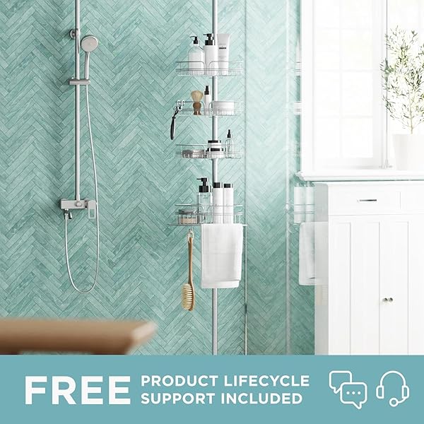 ZENNA HOME TENSION POLE SHOWER CADDY CORNER ORGANIZER, ADJUSTABLE STANDING SHOWER CADDY WITH 4 BASKETS AND BUILT IN TOWEL BAR, RUST RESISTANT BATHROOM TENSION ROD ORGANIZER, 60 TO 97 INCH, CHROME