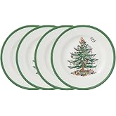 Spode Christmas Tree Salad Plates - Green/White, Set of 4 | 8" Durable Earthenware Holiday Plates for Salads, Desserts &amp; Appetizers, Dishwasher, Microwave, Freezer &amp; Oven Safe