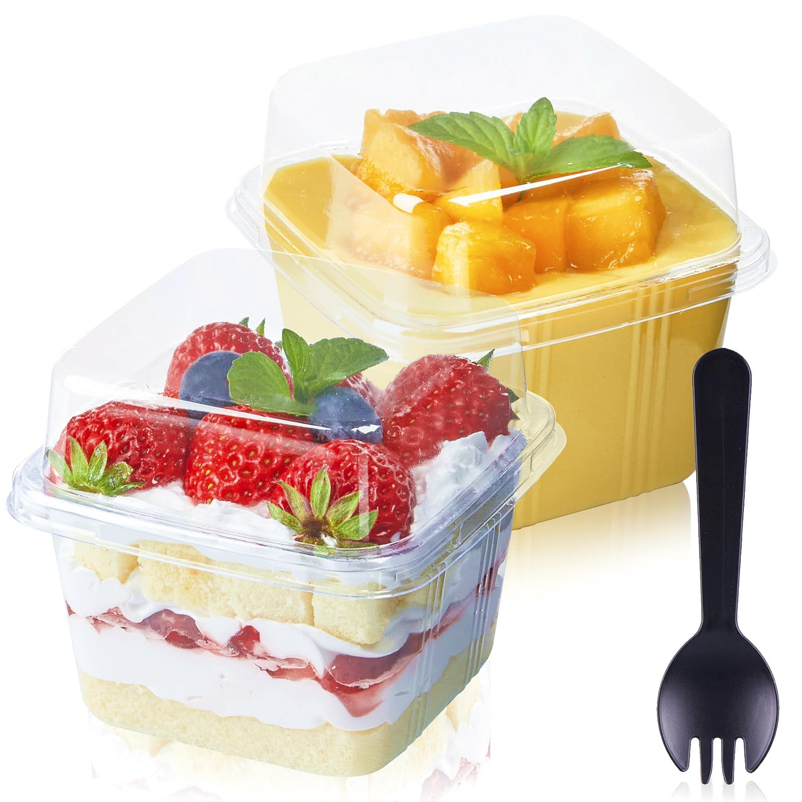 Photo 1 of TOFLEN 100Ct 8 oz Square Plastic Dessert Cups with Lids and Sporks, Clear Plastic Yogurt Parfait Cups Cake Cup for Mousse, Fruit, Banana Pudding Cup