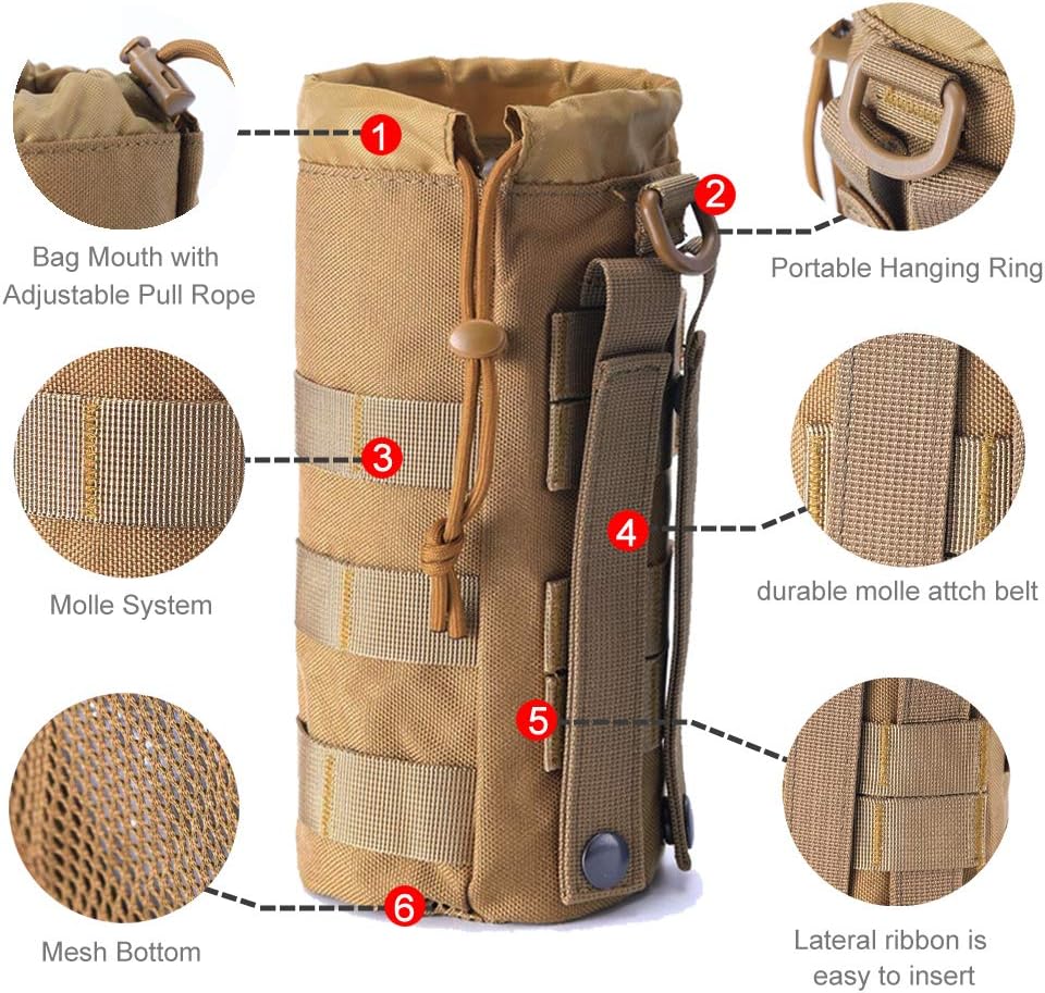 Upgraded Sports Water Bottles Pouch Bag, Tactical Drawstring Molle Water Bottle Holder Tactical Pouches, Travel Mesh Water Bottle Bag Tactical Hydration Carrier (Tan-1Pack) : Sports & Outdoors