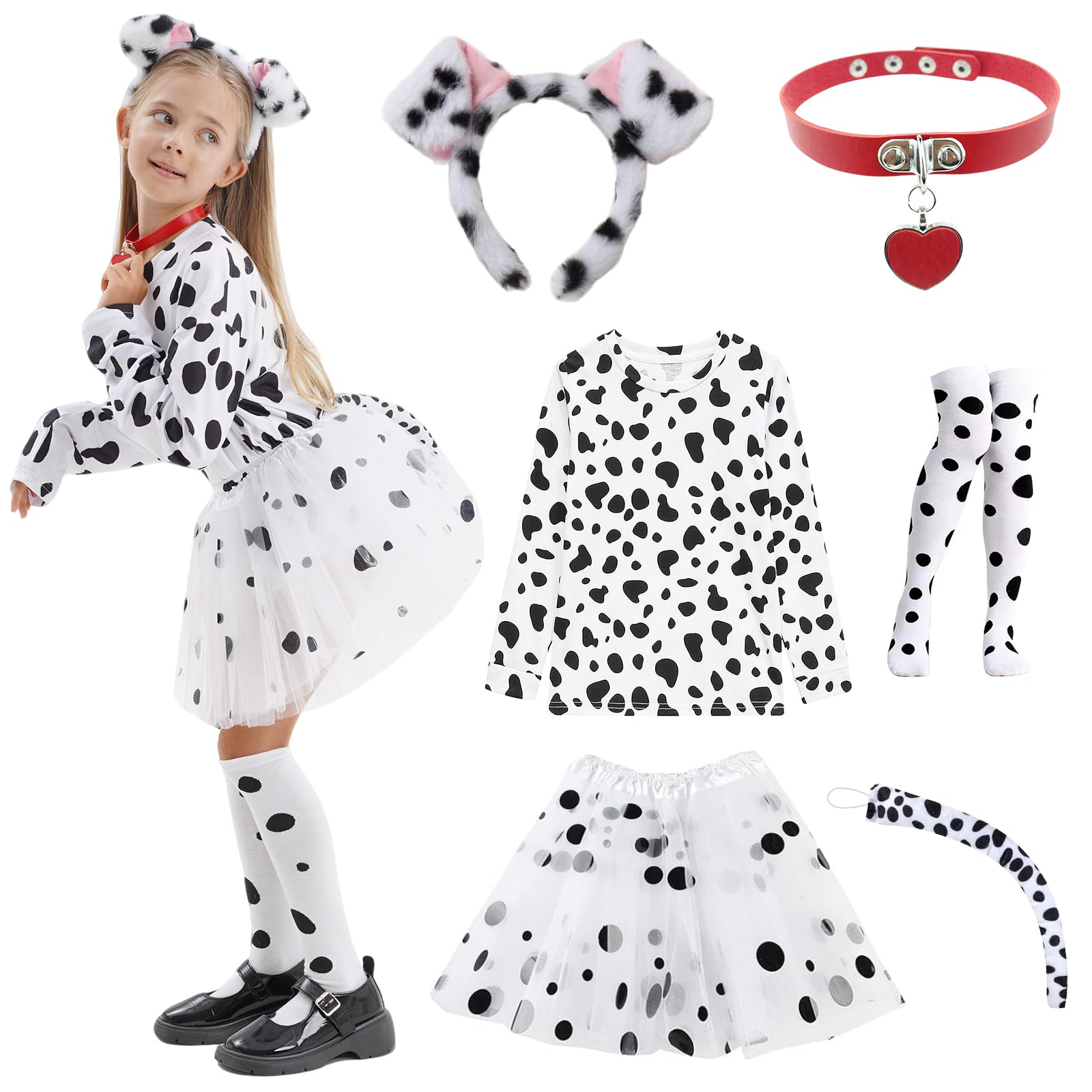 Photo 1 of 101 Dalmatian Costume for Kids, Girls Shirt Outfit Ears Headband Socks Accessories for 101st Day Of School (Small)