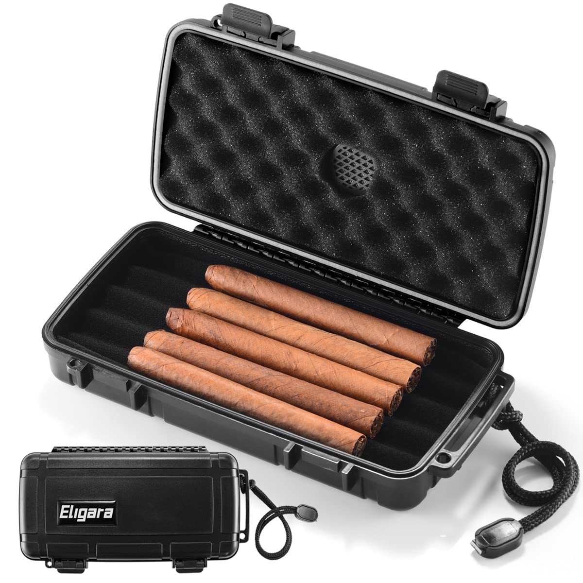 Travel Cigar Humidor Case with Humidifier Disc - Waterproof, Airtight, Durable and Crushproof - Holds up to 5 Cigars, Portable Cigar Box Gift for Men