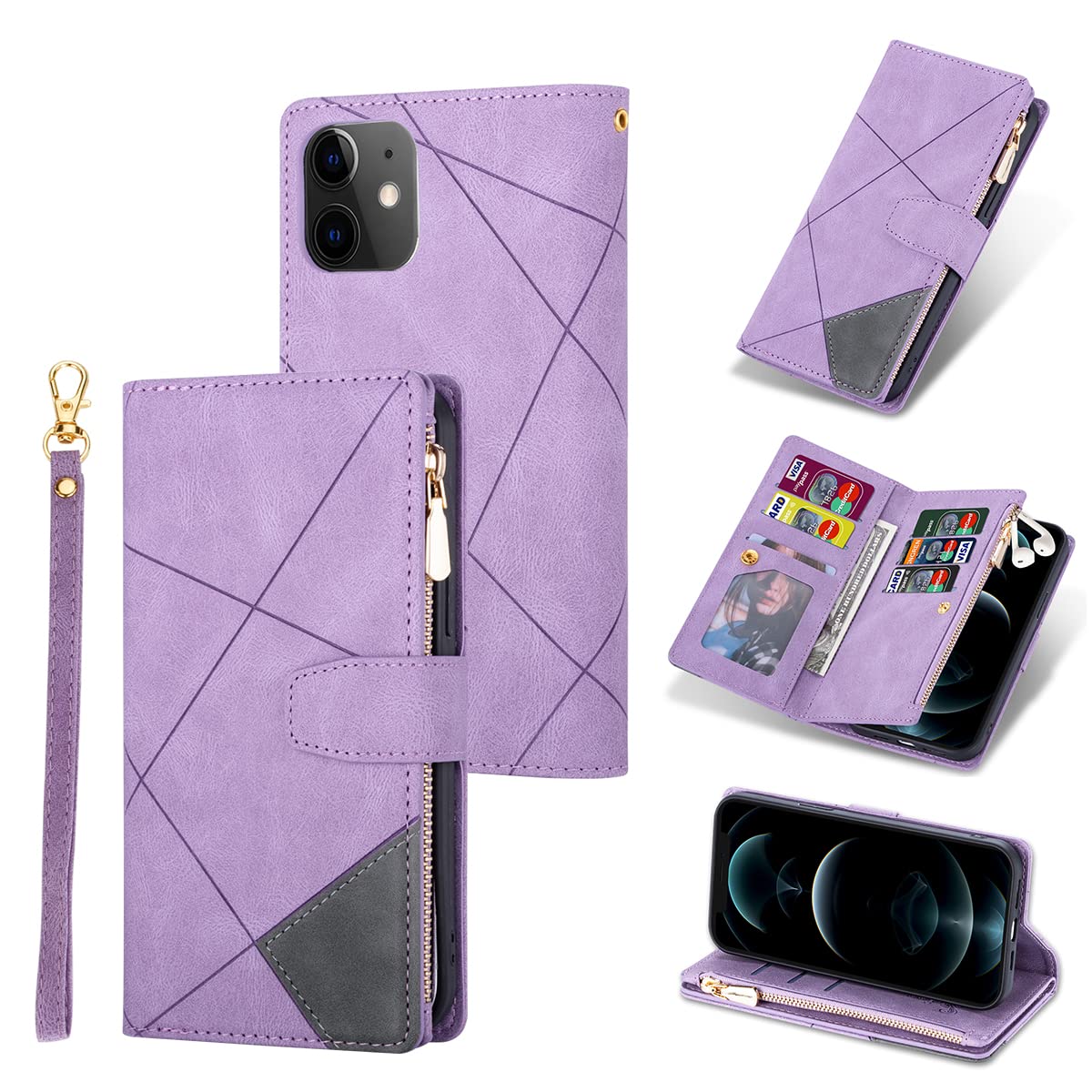 UEEBAI Wallet Case for iPhone 11 6.1, Vintage Premium PU Leather Cover Flip Case with Card Slots Magnetic Closure Zipper Pocket Kickstand Handbag with Hand Strap - Splice Purple