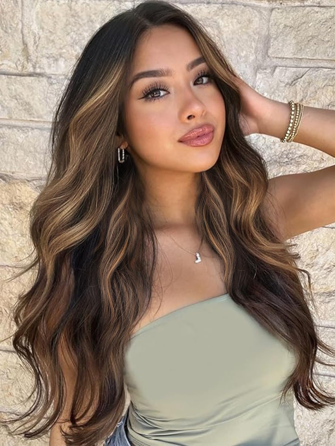 PORSMEER Long Brown Mixed Blonde Highlighted Wigs for Women,Omber Wavy Natural Looking Synthetic Heat Resistant Curly Hair Wig with Middle Part 24inch — image 1