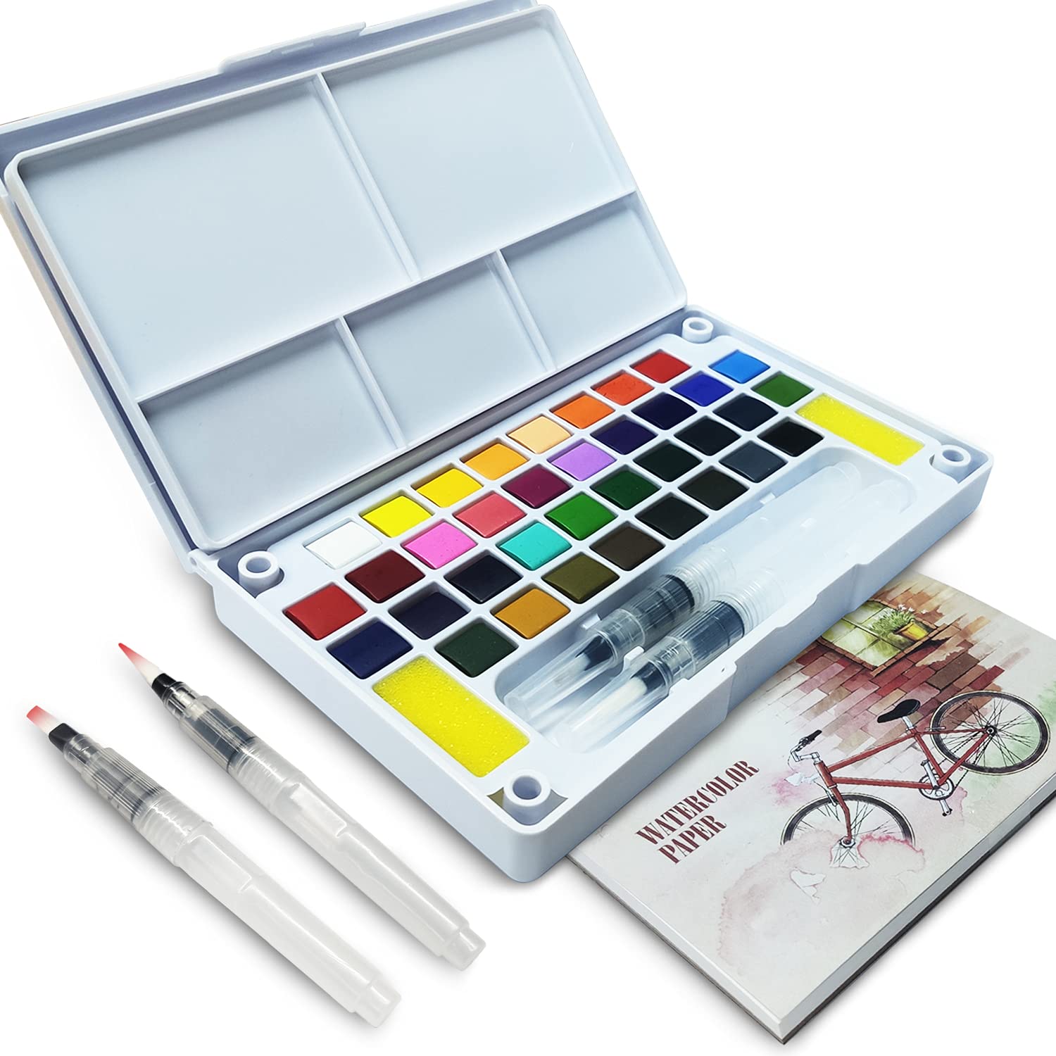 LURICO 36 Watercolour Paint Set with 2 Blending Brush Pens, Watercolour Paint Palette Includes 12 Sheets Water Color Paper & Storage Case for Beginners, Professional Artists and Kids Students Gift
