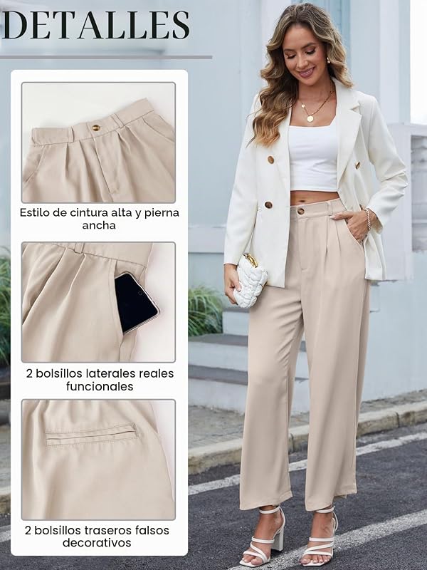 Calças casuais de cintura alta para mulher Calças de trabalho de pernas largas Cintura elástica sólida Pernas direitas Calças compridas com bolsos Calças de vestir femininas de escritório